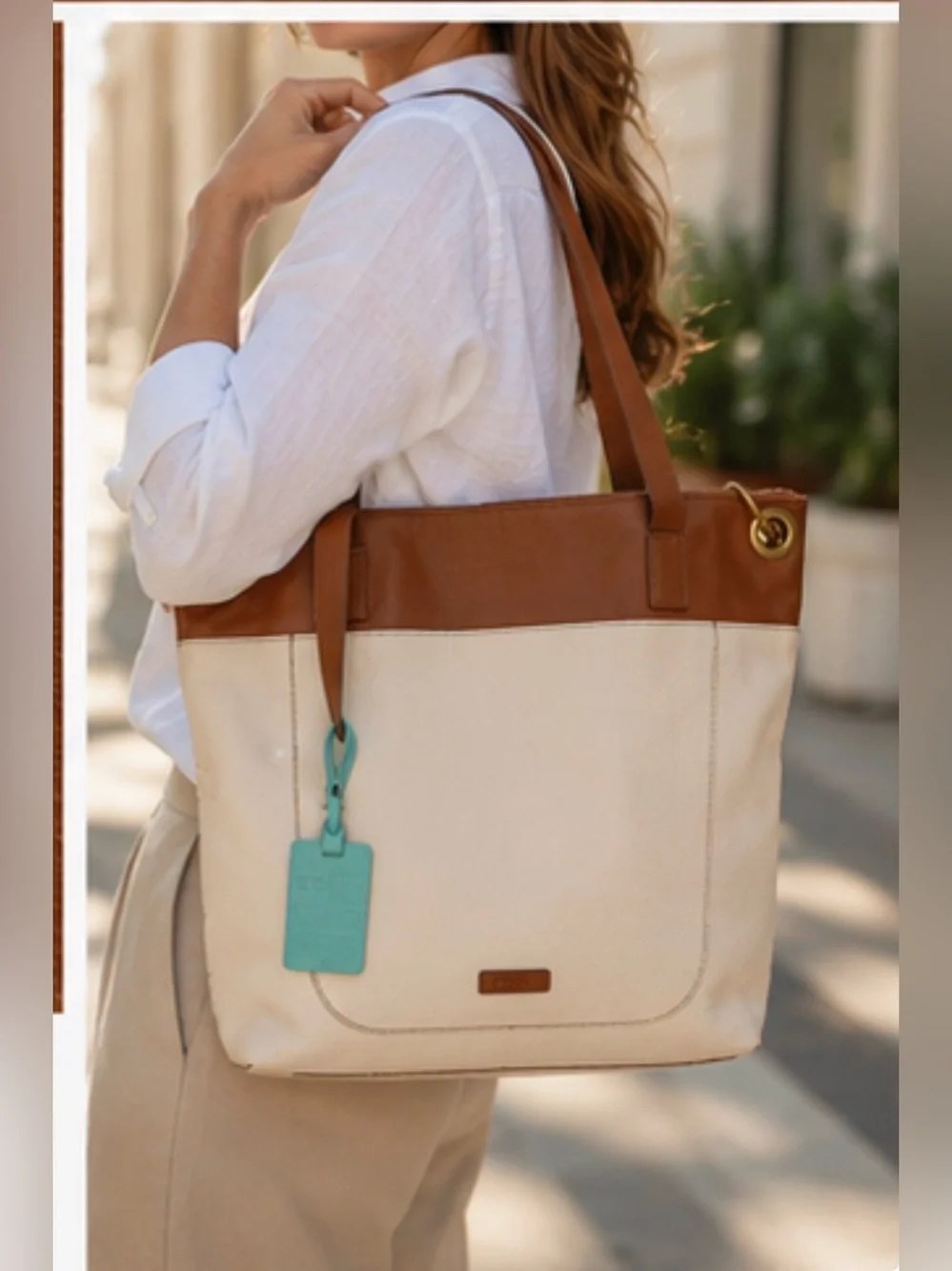 Fossil Colorblock Leather Tote Bag Ivory Cream Brown Pebbled Leather Zip Top